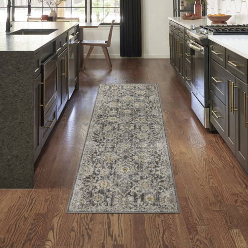 8' Beige And Charcoal Floral Distressed Runner Rug