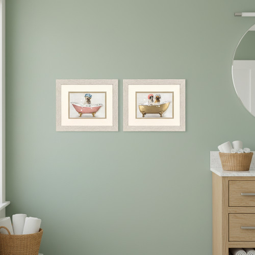 Set Of Two Bath Dogs II Distressed White Framed Wall Art