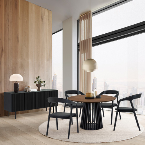 Six Piece Brown and Black Round Wood Dining Set with Four Chairs and Sideboard