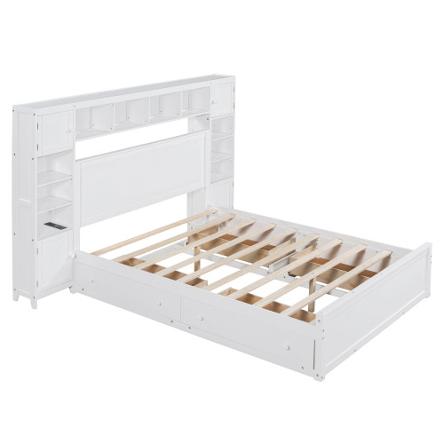 White Wood Queen Bed Frame With USB And Drawer