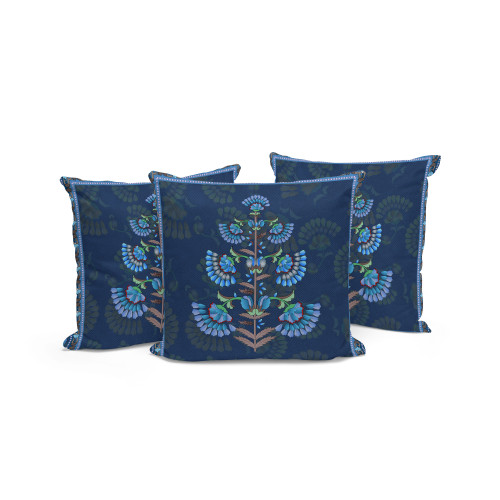 Set of Three Blue Botanical Indoor Outdoor Throw Pillow