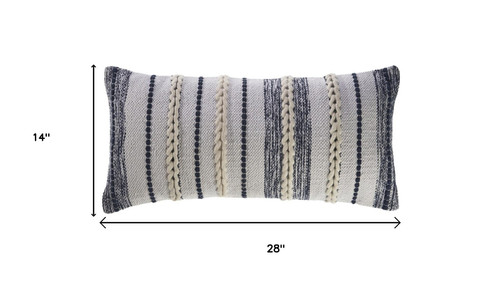 14" X 28" Blue And White Lumbar Striped Cotton Blend Throw Pillow Cover with Texture