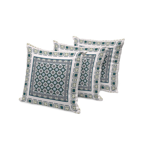 Set of Three White And Green Floral Indoor Outdoor Throw Pillow