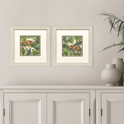Set Of Two Jungle Hangout Distressed White Framed Wall Art