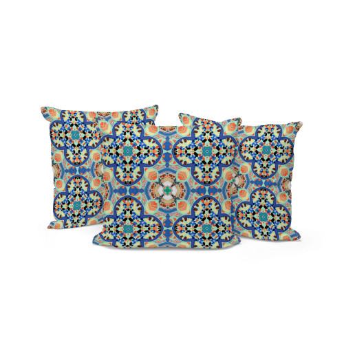 Set of Three Blue Purple And Peach Floral Indoor Outdoor Throw Pillow