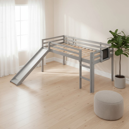 Gray Panel Solid Wood Twin Loft Bed with Slide