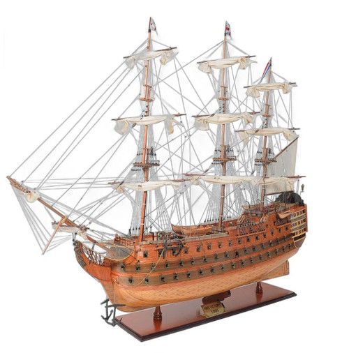 53" Brown Solid Wood Hand Painted Model Boat Tabletop Sculpture