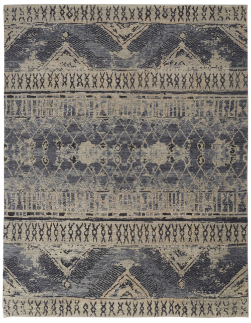 8' X 10' Gray Blue and Ivory Wool Floral Hand Knotted Area Rug
