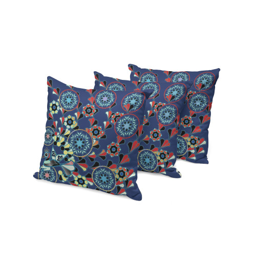 Set of Three Blue Red And Off White Peacock Floral Indoor Outdoor Throw Pillow