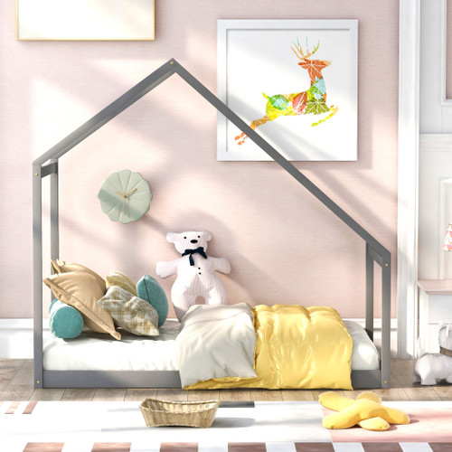 Gray Wood Twin House Bed
