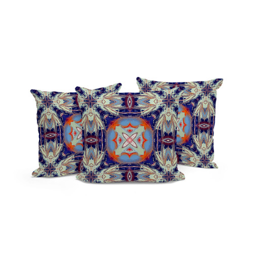 Set of Three Cream Gray Indigo Light Blue And Orange Floral Indoor Outdoor Throw Pillow