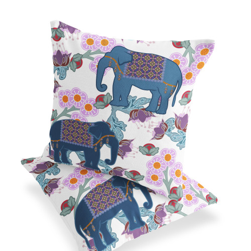 Set of Two Blue Pink And Gray Elephant Indoor Outdoor Throw Pillow
