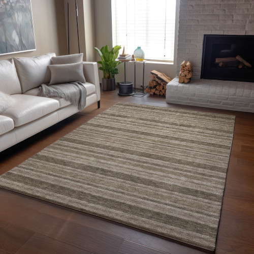 10' X 14' Taupe And Beige Striped Washable Area Rug With UV Protection