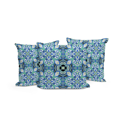 Set of Three Blue White And Black Floral Indoor Outdoor Throw Pillow