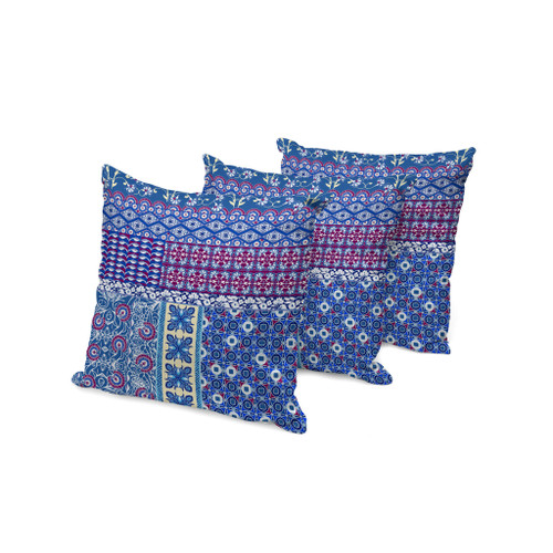 Set of Three Navy Blue And Maroon Floral Indoor Outdoor Throw Pillow