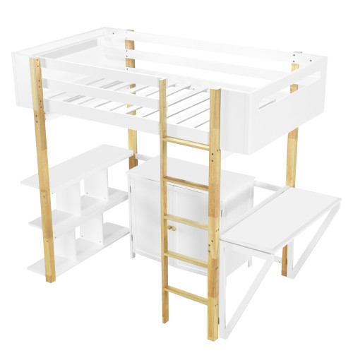 White Four Poster Wood Twin Loft Bed With Desk And Drawer And Shelve