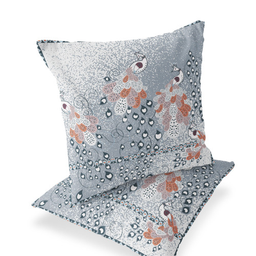 Set of Two Gray And Blue Peacock Indoor Outdoor Throw Pillow