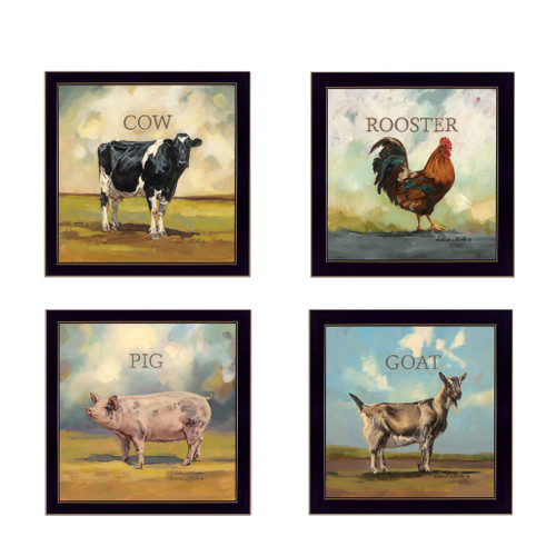 Homeroots Home Decor Set Of Four Farm Animals 1 Black Framed Print Wall Art, Black, 14 Inch