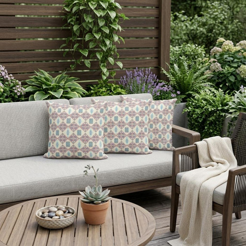 Set of Three Pink Cream And Blue Diamond Indoor Outdoor Throw Pillow