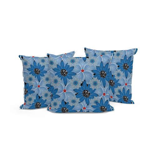 Set of Three Gray And Blue Floral Indoor Outdoor Throw Pillow
