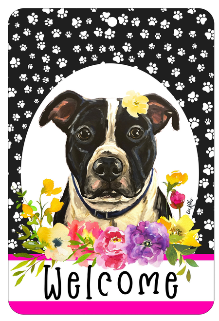 Pit Bull Black/White - HHS Paw Prints Welcome Indoor/Outdoor Aluminum Sign 