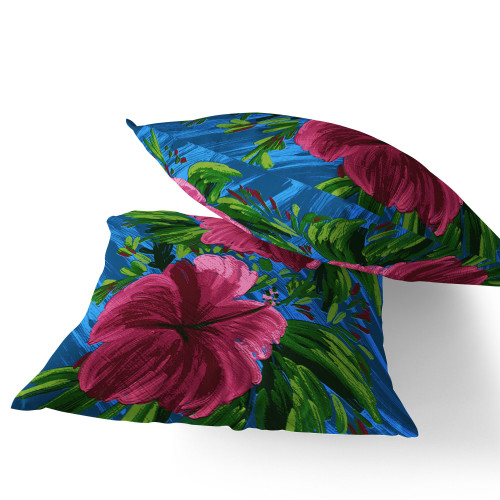 Set of Two Pink Blue And Green Floral Indoor Outdoor Throw Pillow