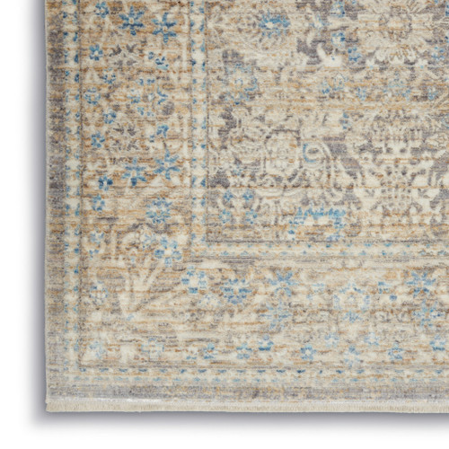 8' Ivory Blue And Tan Floral Non Skid Runner Rug With Fringe