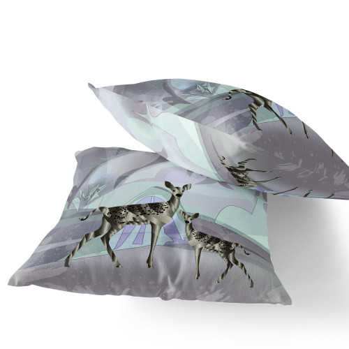 Set of Two Black Purple And Brown Deer Indoor Outdoor Throw Pillow