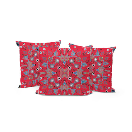 Set of Three Red Abstract Indoor Outdoor Throw Pillow