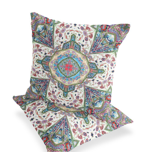 Set of Two Green Cream And Pink Floral Indoor Outdoor Throw Pillow