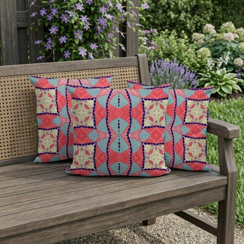 Set of Three Red And Yellow Abstract Indoor Outdoor Throw Pillow