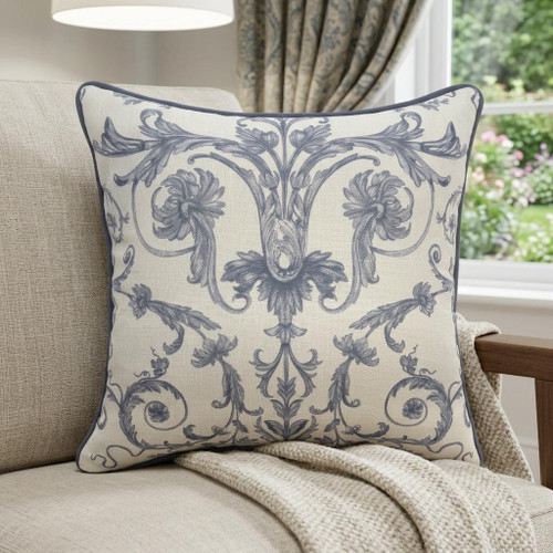 24" Ivory And Blue Damask Throw Pillow Cover