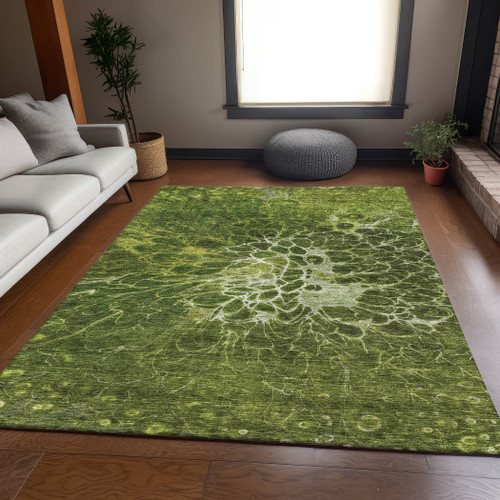 5' X 8' Olive Green And Ivory Abstract Washable Area Rug With UV Protection