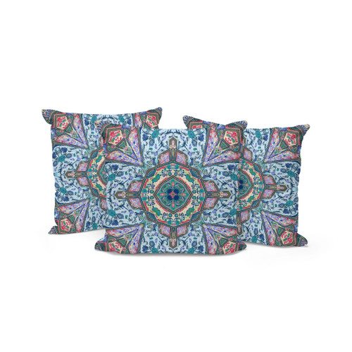 Set of Three Blue And Pink Floral Indoor Outdoor Throw Pillow
