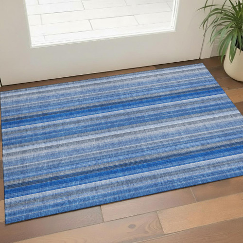3' X 5' Blue And Ivory Striped Washable Area Rug With UV Protection