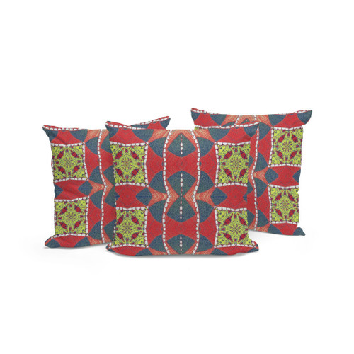 Set of Three Red Yellow And Gray Abstract Indoor Outdoor Throw Pillow
