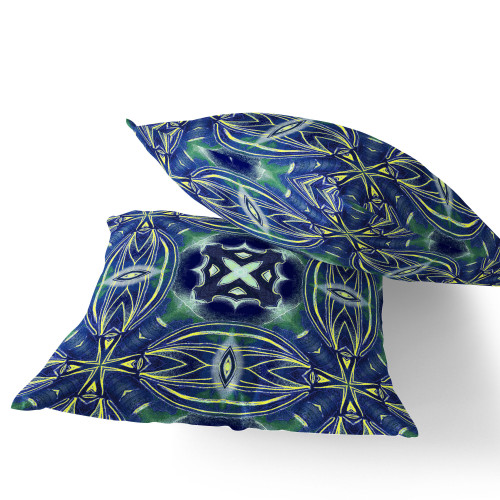 Set of Two Blue Green And Yellow Floral Indoor Outdoor Throw Pillow
