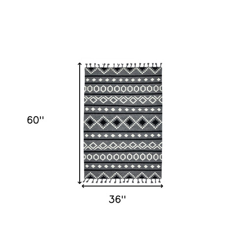 3' X 5' Gray White And Black Wool Tribal Flatweave Handmade Area Rug With Fringe