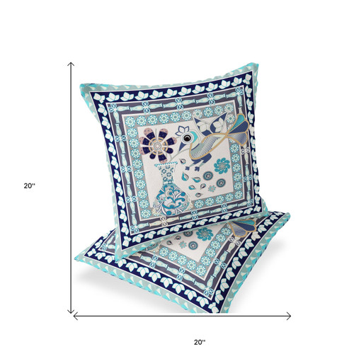Set of Two Beige Black And Blue Peacock Indoor Outdoor Throw Pillow