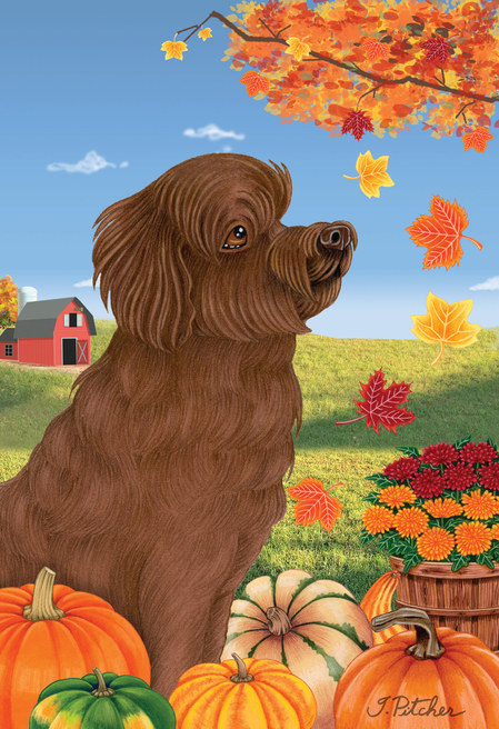 Goldendoodle Chocolate  -  Tomoyo Pitcher Autumn Leaves Outdoor Flag