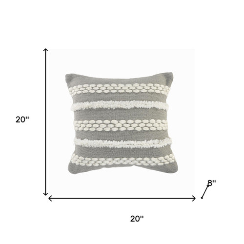 20" Gray And Ivory Striped Throw Pillow with Tufts