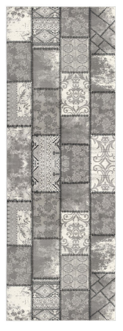20' Gray and Ivory Geometric Washable Non Skid Runner Rug