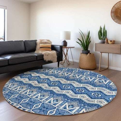 8' Blue Beige And Ivory Moroccan Washable Round Rug With UV Protection