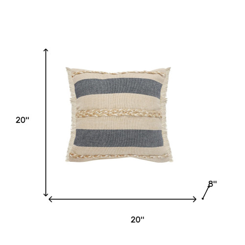 20" Blue And Beige Striped Jute Throw Pillow with Fringe