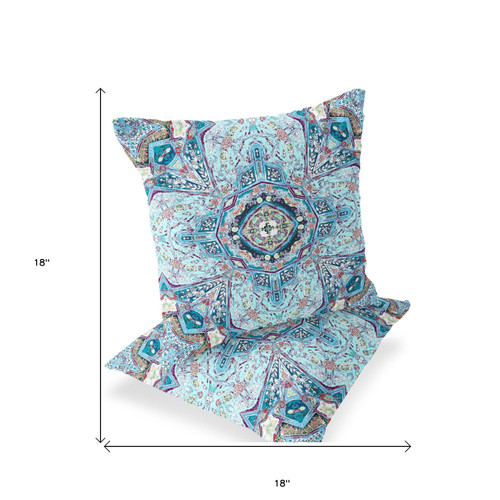 Set of Two Light Blue Purple And Pink Floral Indoor Outdoor Throw Pillow