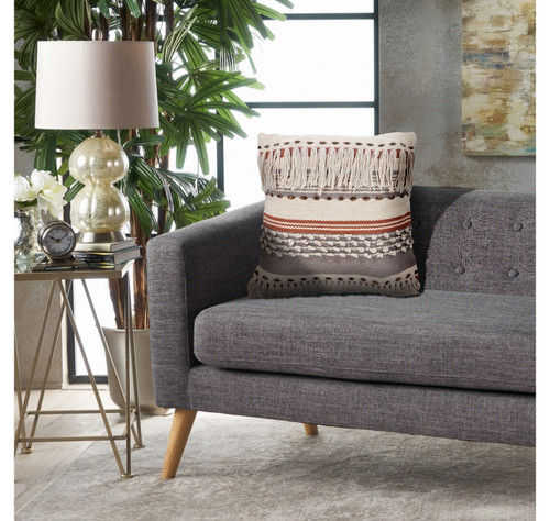 18" Beige And Tan Striped Cotton Throw Pillow