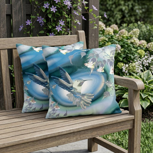Set of Two White And Blue Bird Indoor Outdoor Throw Pillow