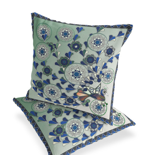 Set of Two Light Green And Brown Peacock Floral Indoor Outdoor Throw Pillow