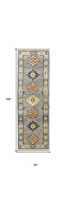 14' Gray Blue and Taupe Wool Geometric Hand Knotted Runner Rug With Fringe