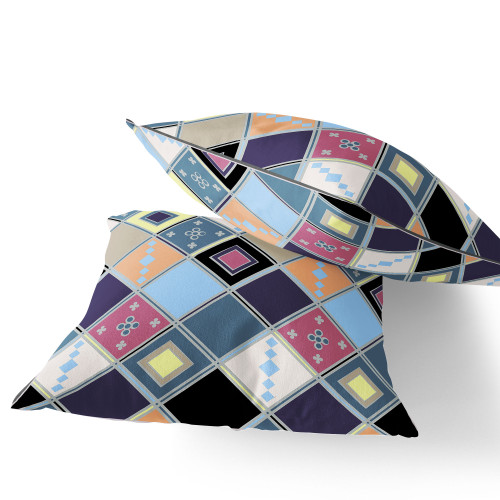 Set of Two Blue And Purple Diamond Indoor Outdoor Throw Pillow